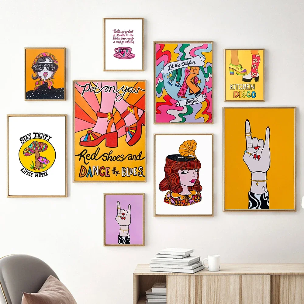 (No frame)Retro Fashion Girl Disco Poster Wall Art Print Abstract Rock Gesture Canvas Painting Trippy Cartoon Room Wall Home