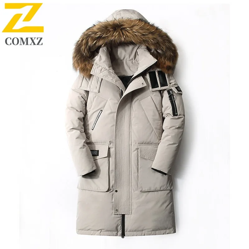 COMXZ Piumino invernale da uomo alla moda leggero caldo soffice collo di pelliccia con cappuccio piumino d'anatra bianco piumino lungo da sci da neve