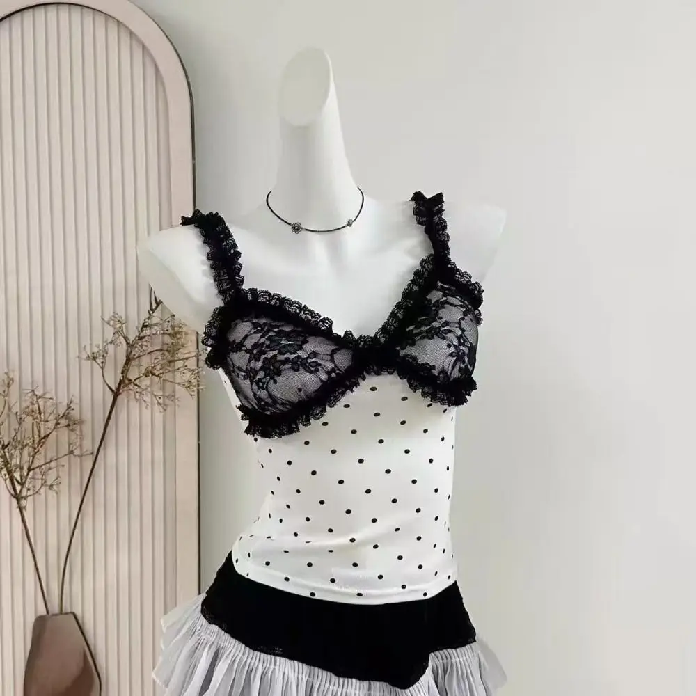 Mädchen Top Spicy Girl Style Ärmelloses Crop Top Mesh Dot Slim Fit Damen Straps Top Süßes V-Ausschnitt Spitzen-Unterhemd mit Pads Sommer