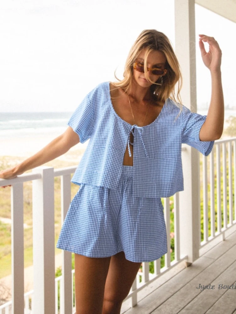 

Summer Plaid Shirts+Shorts Set With Casual Low Neck Short Sleeve Women Blouse Cotton Blend Shorts Vacation Summer 2 Piece Set