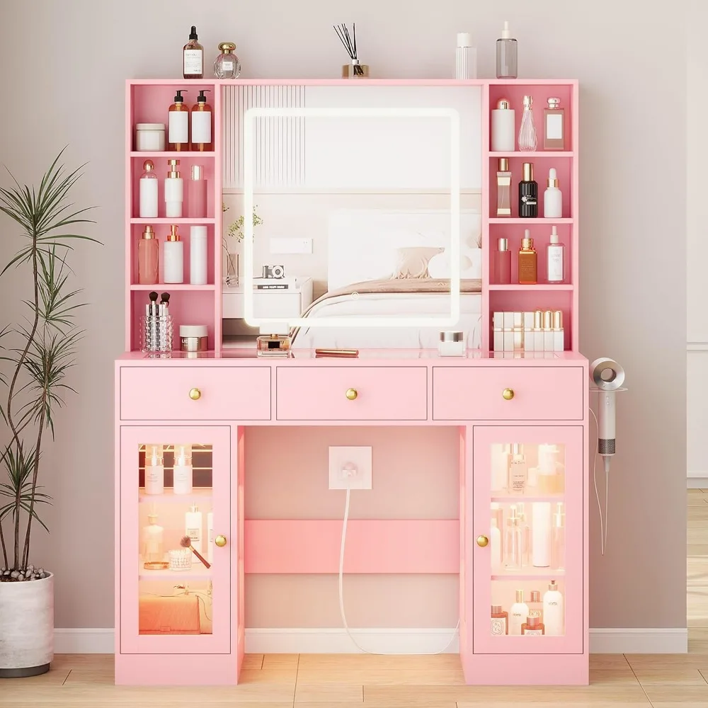 Scrivania da toeletta rosa con specchio e luci, set da toeletta per trucco con specchio illuminato e armadietto in vetro RGB, cassetti, armadietto in vetro