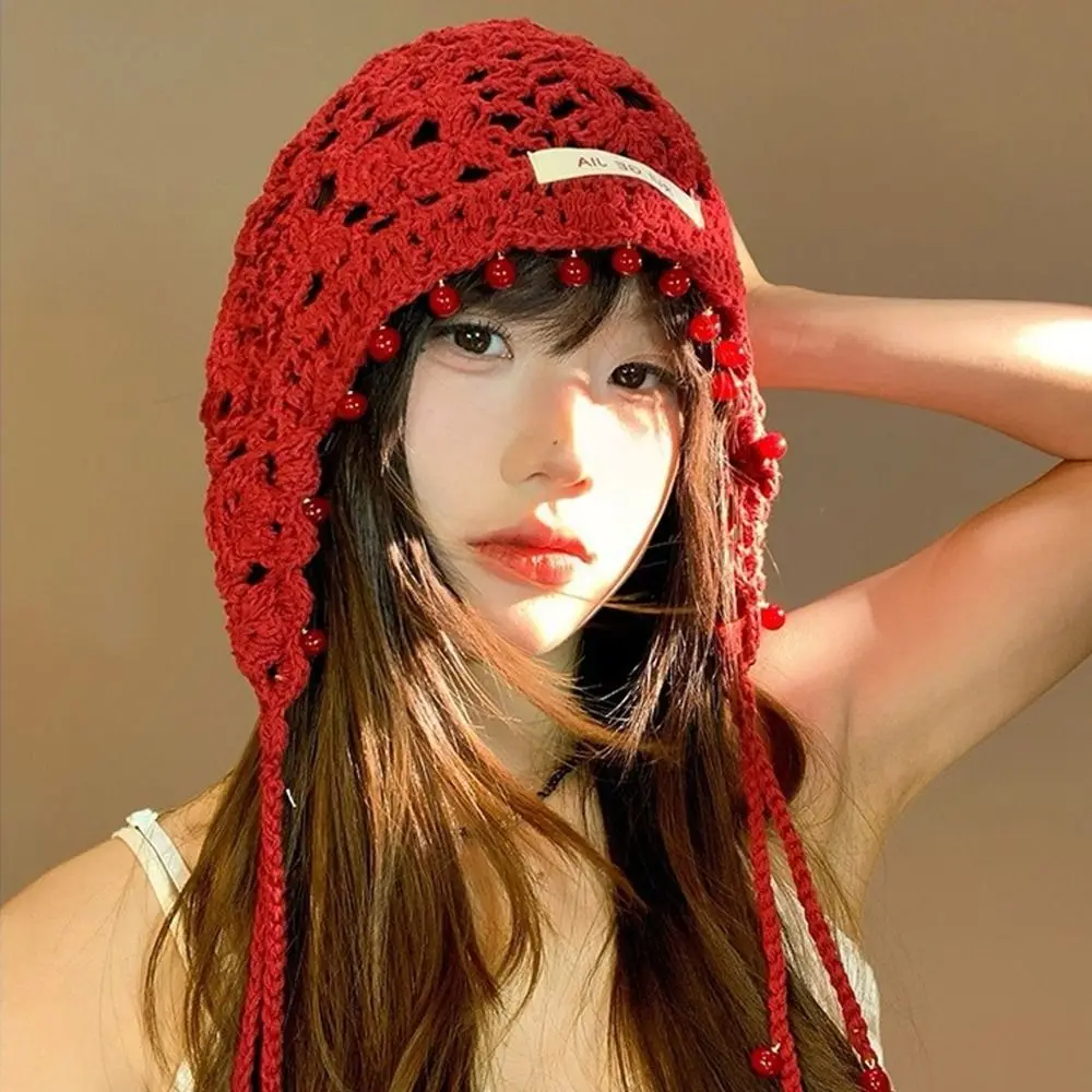 

Korean Handmade Crochet Tassels Cap Pearls Hollow Knitted Beanies Caps Y2k Sweet Weave Basin Hats Outdoor