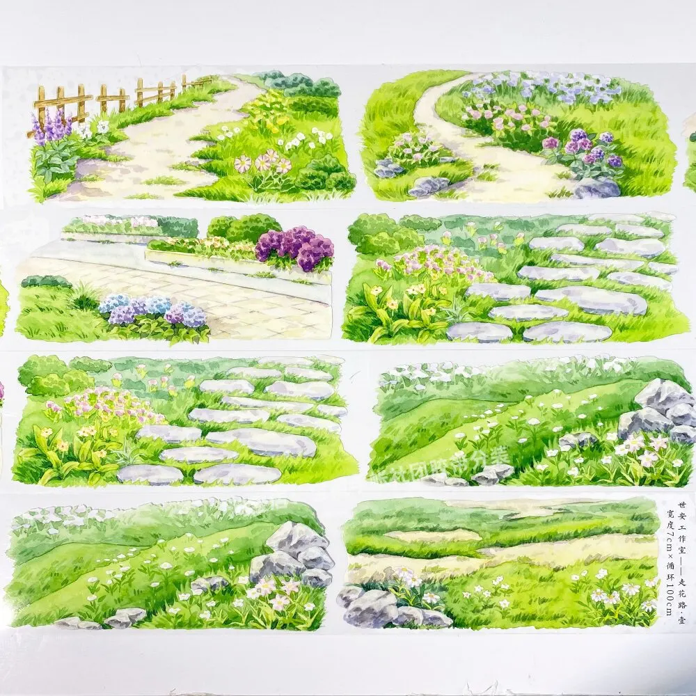 

Декоративная лента Washi Pet Tape Journal Walk Flower Road Shian Studio: образец сцены с цветами на лужайке для скрапбукинга и наклеек на чехлы для телефонов