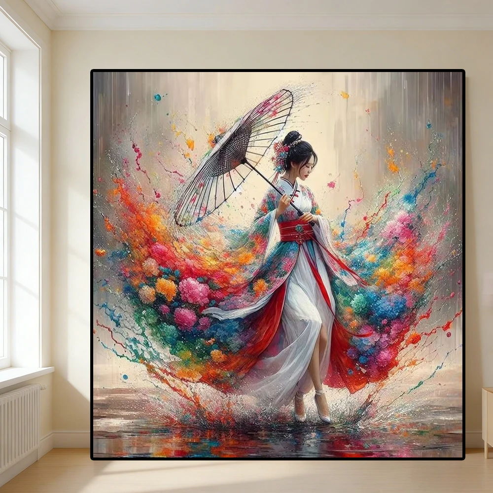Chinese Hanfu Woman With Umbrella Poster Prints For Living Room Home Decor Abstract Beauty Girl Canvas Painting Wall Art Gift