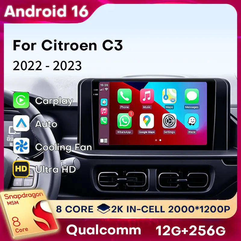 Android 16 Carplay For Citroen C3 2022 2023 4G LTE Stereo Player Navigation Multimedia Car Radio 360 Camera Video 5G WIFI BT GPS