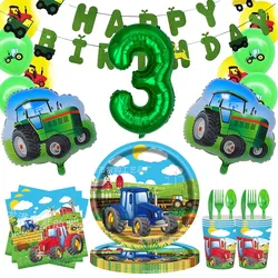 Tractor Birthday Decors Tableware Paper Plate Cup Napkin Balloon Set Happy Birthday Banner Farm Tractor Birthday Party Supplies