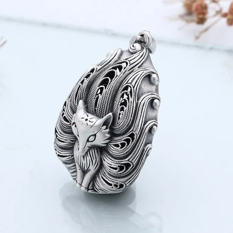 BOCAI Real S999 Silver Jewelry Vintage Chinese Style Filigree Hollow Nine-Tailed Fox Woman Pendant Trendy Gift