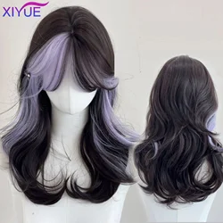 synthetic Black Purple Long Body Wavy Synthetic Wigs for Women Afro Natural Hair Wigs Middle Part Heat Resistant Fiber Daily Use