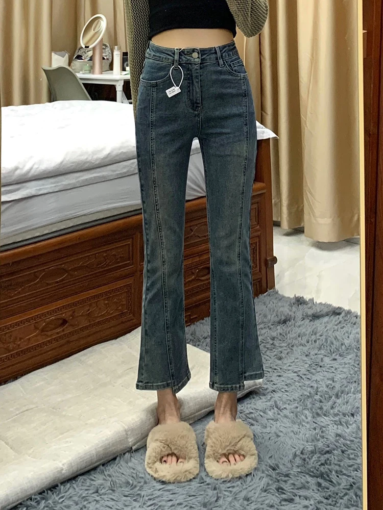 

Джинсы-клеш с высокой талией для женщин больших размеров, эластичные, утягивающие, удлиненные, повседневные, комфортные