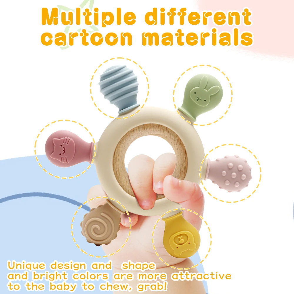 1PC Cartoon Silicone Teether Baby Rudder Shape Wooden Teether Ring Children Gift BPA Free Silicone  Children's Teething Toys