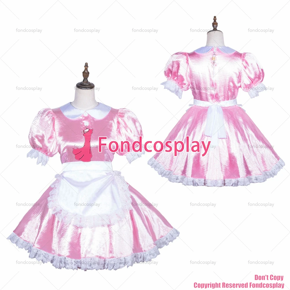 

fondcosplay adult sexy cross dressing sissy maid short lockable baby pink Satin dress white apron costume CD/TV[G3839]