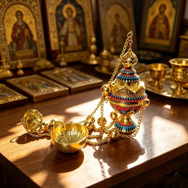 Neuer vergoldeter Emaille-orthodoxer Weihrauchbrenner mit Kette und Glocken für Kirchenliturgie, Segnung und religiöse Zeremonien – Detail 2