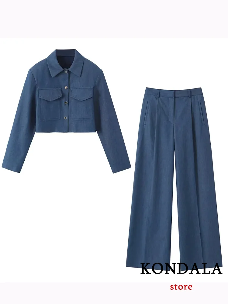 TRAFZA Vintage Solid Women Suit Blue Single Button Pockets Jackets Straight Loose Long Zipper Pants Fashion 2024 Autumn Sets