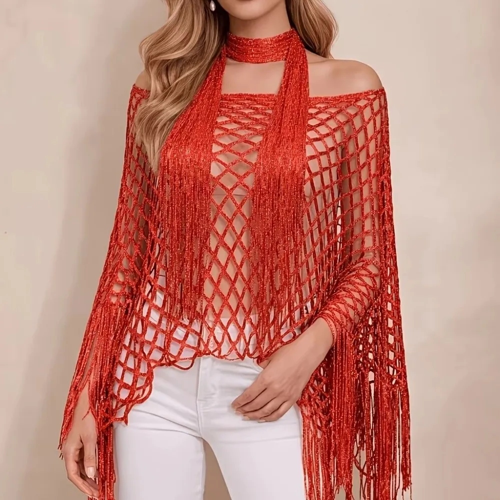 2pcs Shiny Shawl and Scarf Set Hollowed Out Sun Protection Beach Cover Up Knitted Tassel Shawl Beach Blouse for Swimming