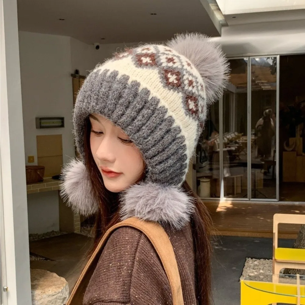 Korean Style Polyester Fair Isle Trapper Hat Large Head Circumference 56cm To 58cm Warm Ear Flap Hat Ushanka Hat Daily Wear