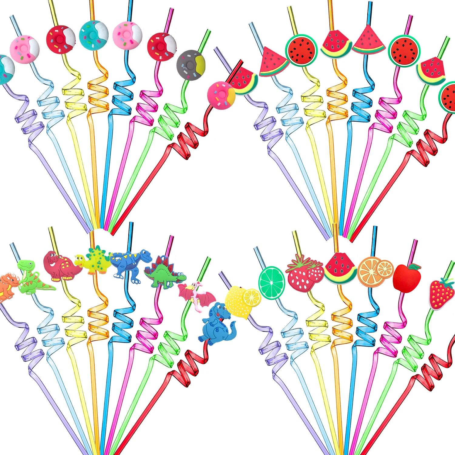 Cute Crazy Reusable Plastic Hard Straws Set with Donut Dinosaur Fruit Charms Vibrant Durable Stylish for Kids Adults'gift