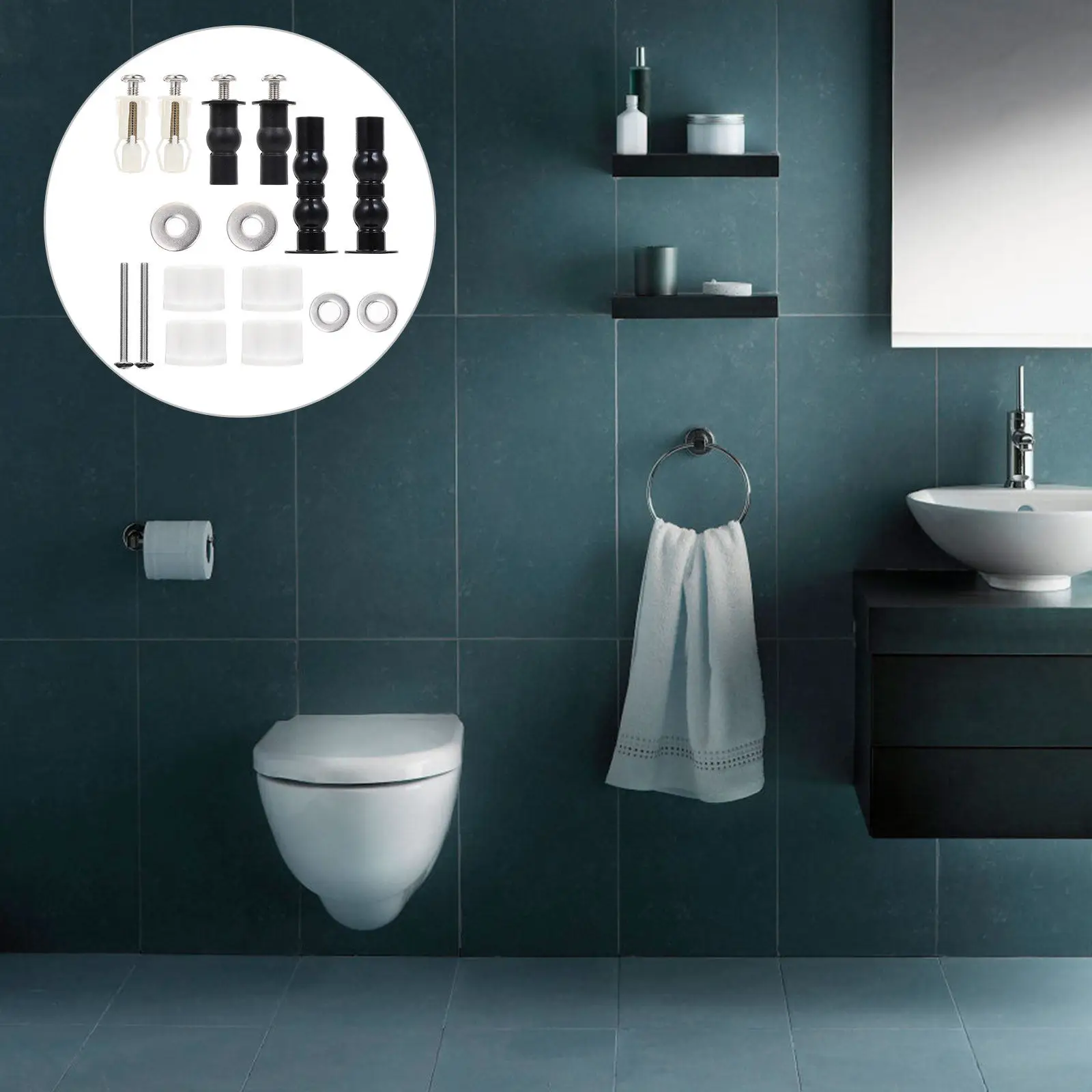 Expanding Toilet Seat Screw Kit with Metal Washers Rubber Tops and Anti-Skid Nuts for Standard Hinge