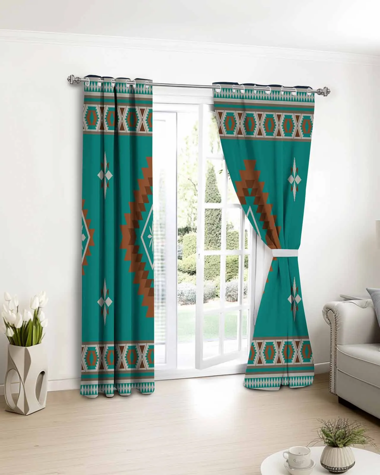 

2pcs, 1 panel Vintage Turquoise Tribal Geometric Art Polyester Window Curtains For Living Room Kitchen Bedroom Drapes