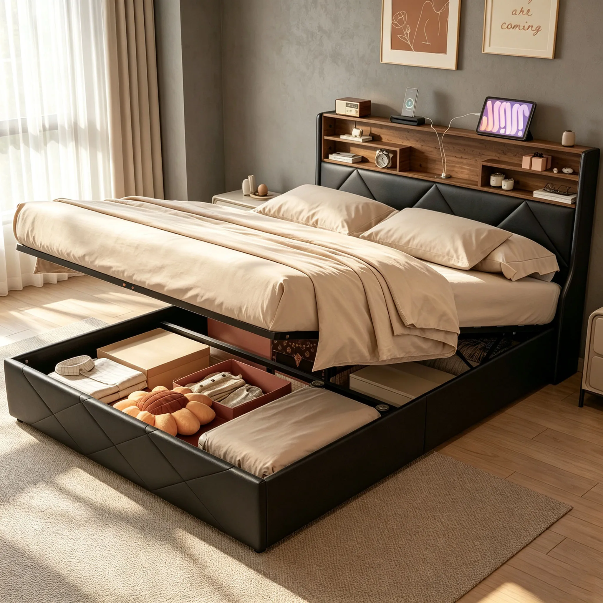 Superaly, letto con contenitore nero, dimensioni 160×200 cm, rivestito in pelle sintetica, struttura letto idraulica con meccanismo a sollevamento e ripiani in legno con diversi scomparti, ideale per