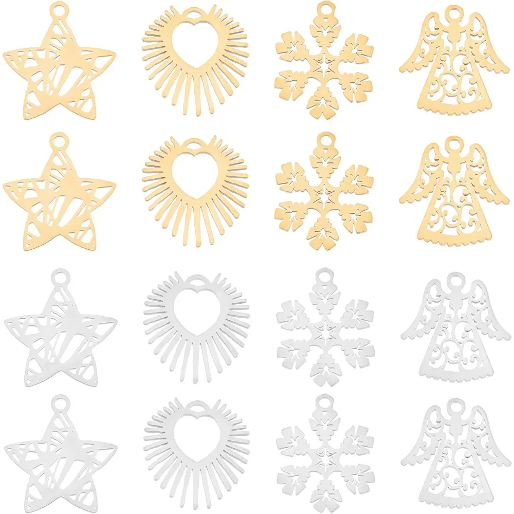 16pcs 4 Styles 2 Colors 201 Stainless Steel Christmas Snowflake Charms Star Pendants Angel Charms Heart Pendants Laser Cut