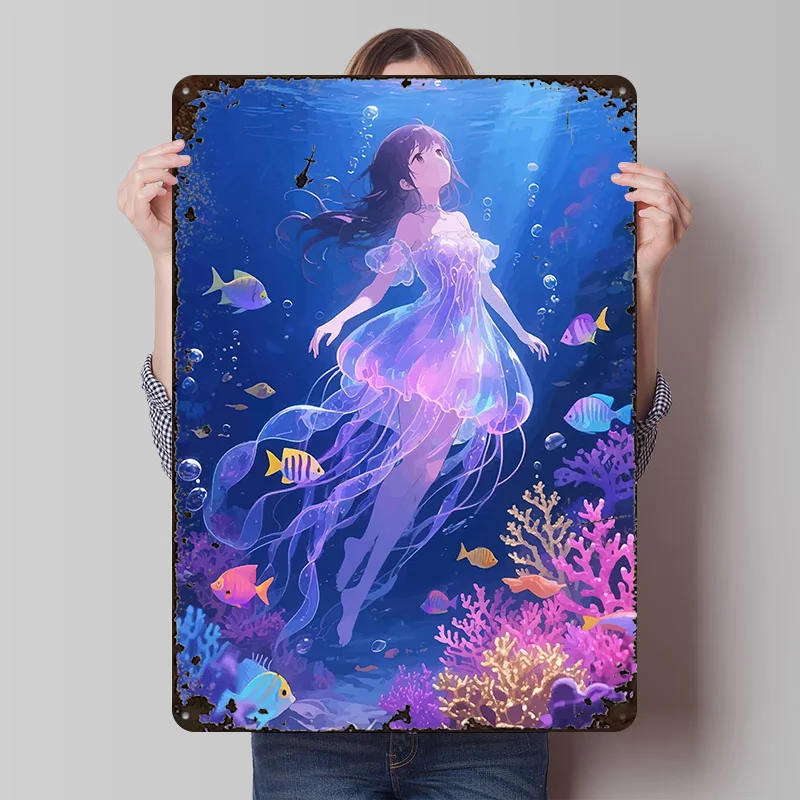 Anime Girl in Jellyfish Dress Printing Poster Customized Retro Wall Art Vintage Metal Signs for Interior Decoration Living Room