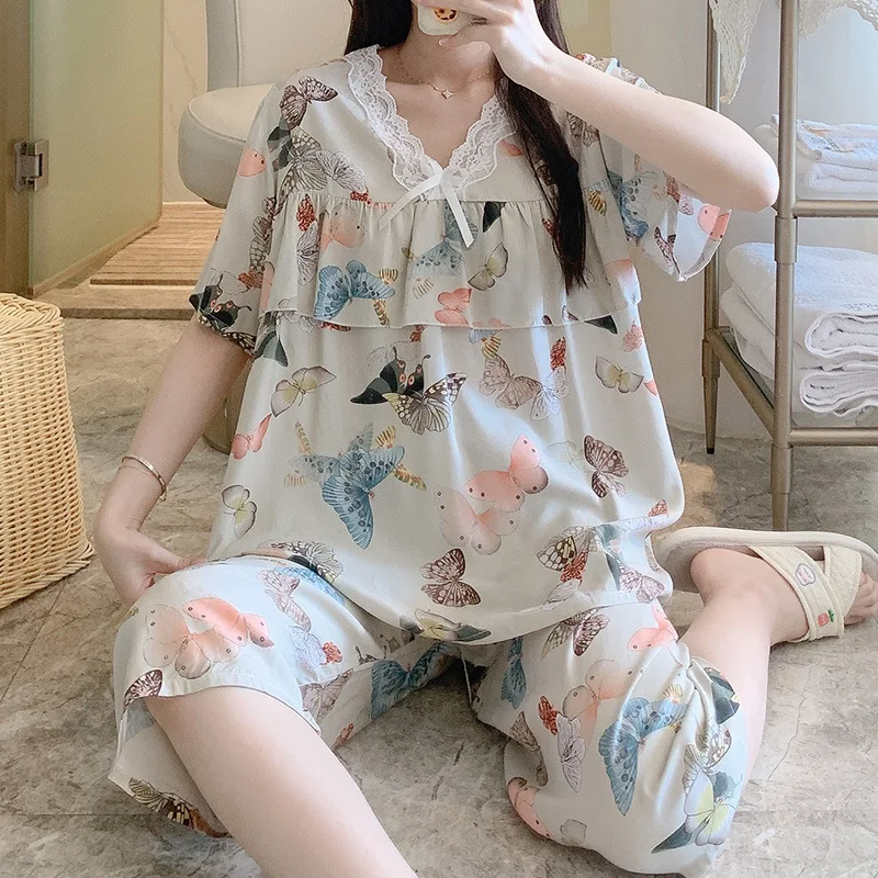 

Sleepwear Sets Women's Clothing Summer Thin Korea Home Casual Simple Affordable Cozy Breathable Skinny Large Fresh Temperament