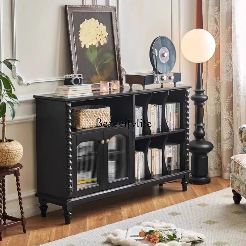 

French retro solid wood bookcase simple antique style living room wall storage display cabinet