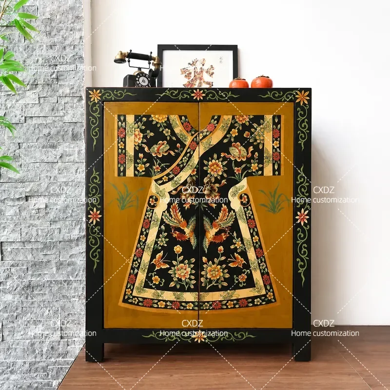 New Chinese Neoclassical Bedside Table Fashionable Retro Storage Cabinet Simple Hand Painted Bedroom Side Cabinet