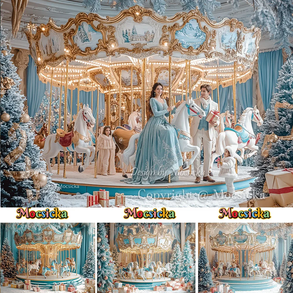 Mocsicka Blue Christmas Circus Background Photography Frozen Xmas Tree Gift Carousel Backdrop Winter Kids Birthday Photo Studio