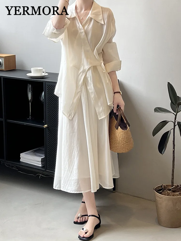 YERMORA Women Two Pieces Set Beige Bandage Thin Elegant Blouse Lapel Long Sleeve Fashion Mesh Skirt Tide Spring Summer 2025 A775