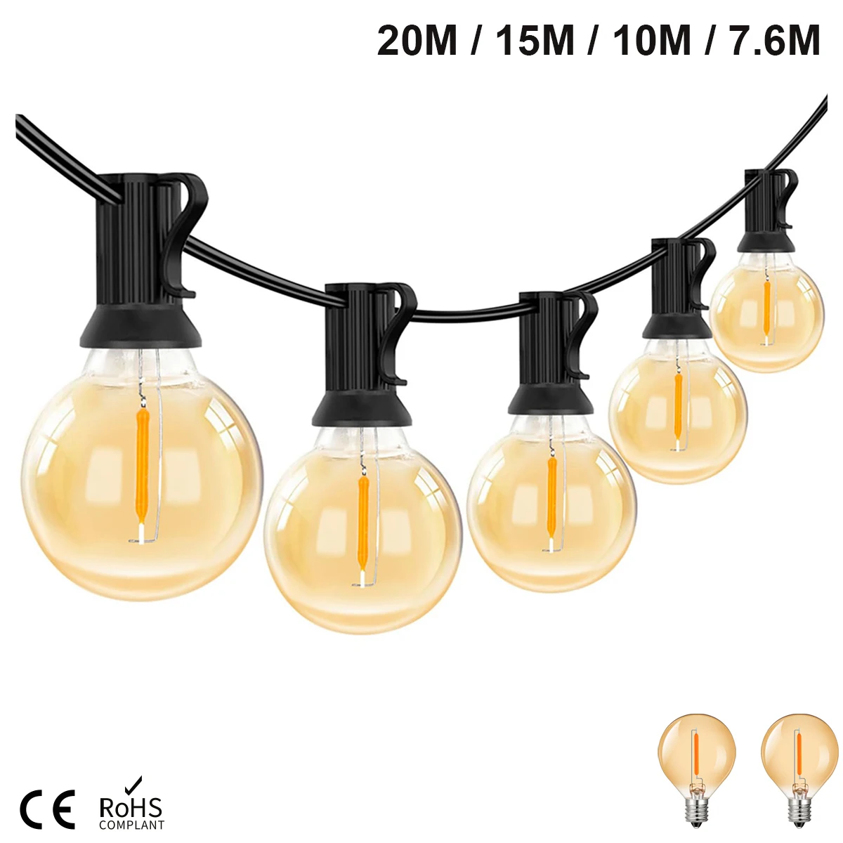 Guirnalda de luces regulables para exteriores, cadena G40 conectable, 50 bombillas E12, Base IP44, impermeable, decoración de Navidad y boda, 20m,