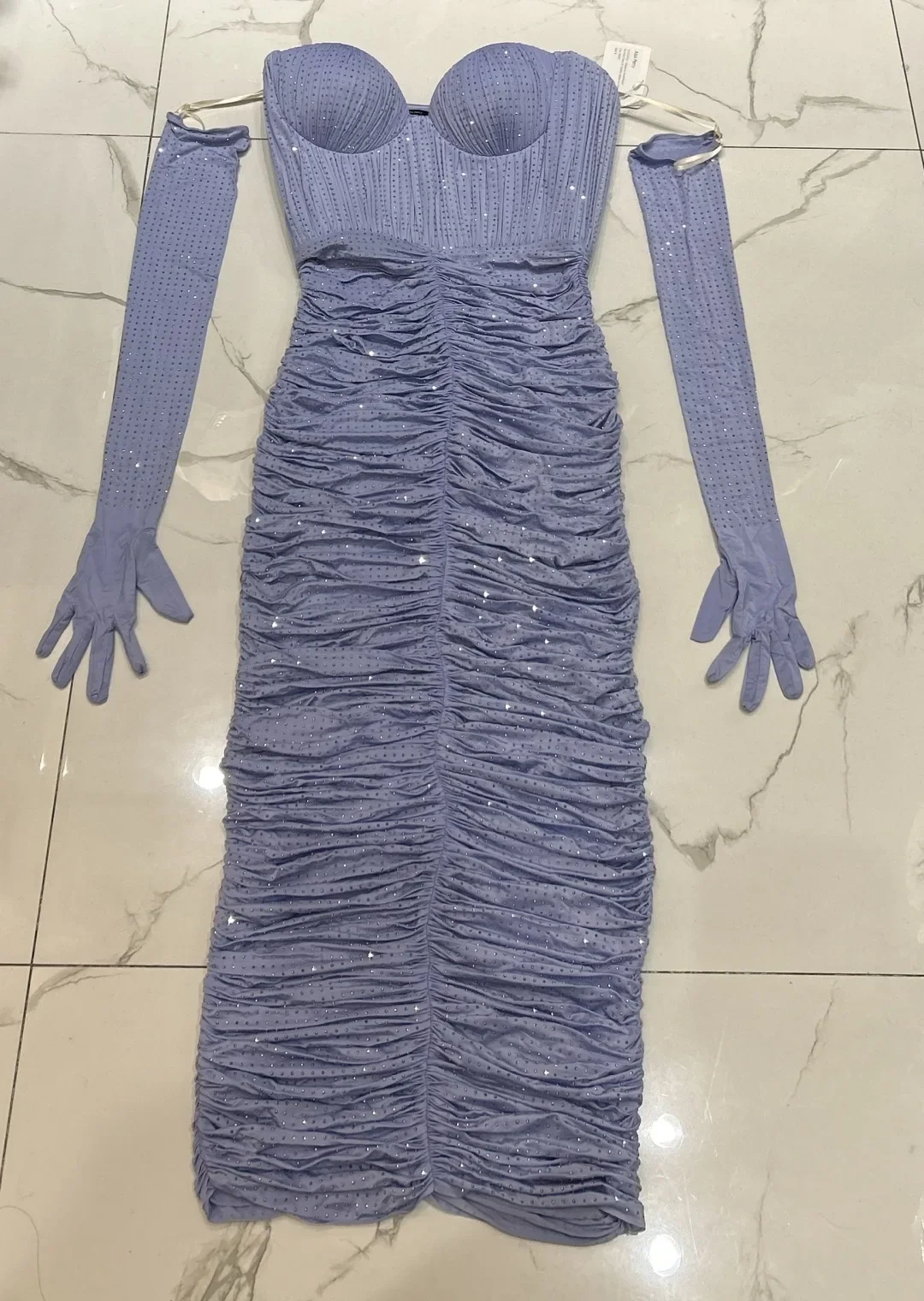 

Purple Violet Long Sleeve Ruched Pleat Tube Midi Dress