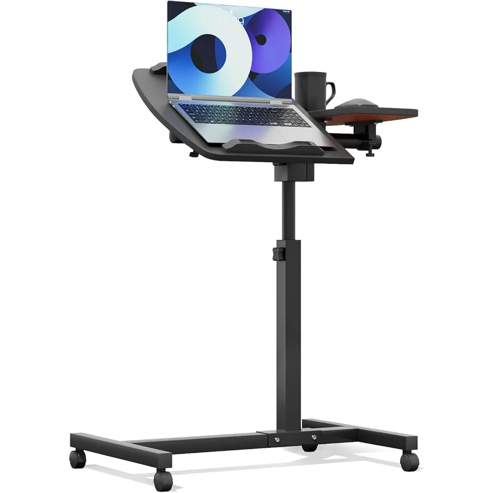 Athena Collection Height Adjustable Rolling Desk Mobile Portable Laptop Stand Cart Small Sit Standing Desk Computer Table Work