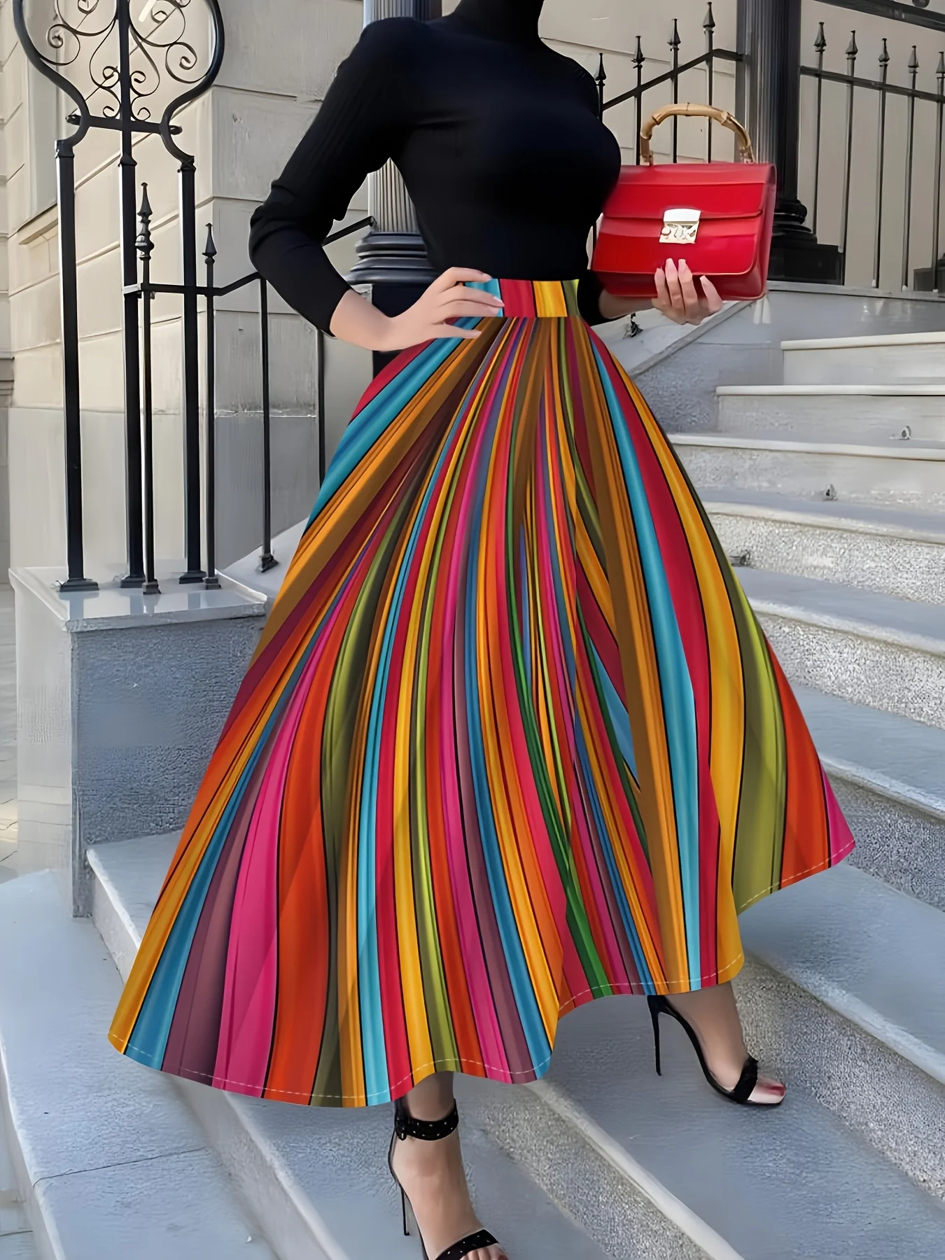 Midi-Rock mit Regenbogen-Vertikalstreifen-Print für Damen, Urlaubsstil, Sommer, A-Linie, hohe Taille, elastische Taille, lässig, Büro, Party