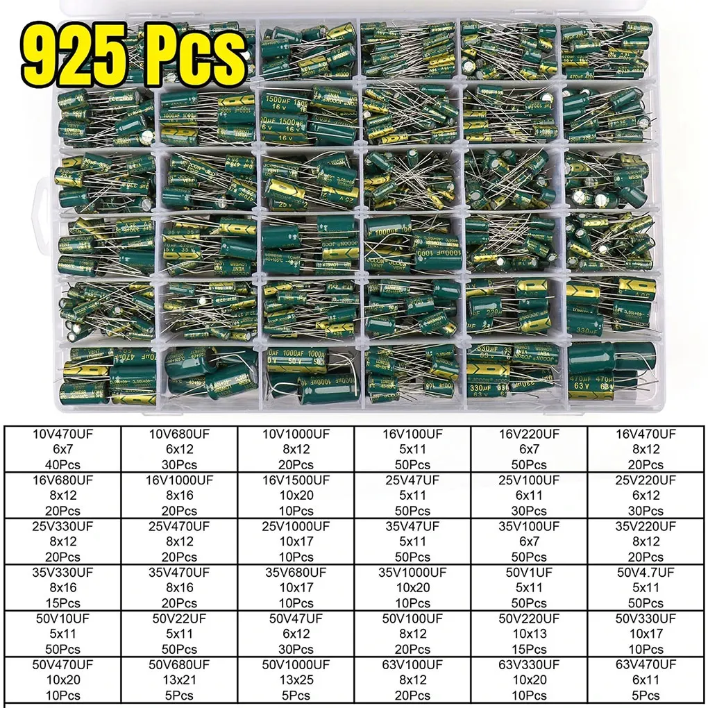925x Long Service Life Electrolytic Capacitor Assortment - 36Values Aluminum ESR Low Kit Wide Durable Large Capacity