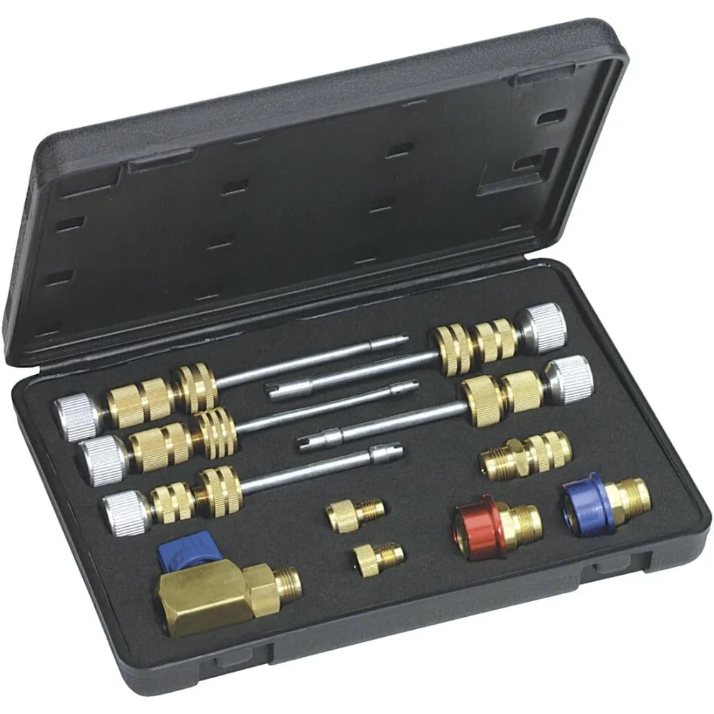 58490 R134a مجموعة أدوات إزالة/مثبت الصمام الأساسية تعمل تحت أغطية الضغط القياسية، JRA، Eaton Cores تتضمن مهاوي ومحولات