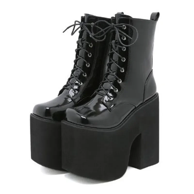 16cm Women\'s Side Zipper Punk Goth Platform Boots Comfy Round Toe Lace Up Shoes Solid Color Comabt Boot Chunky Heels Botas Mujer