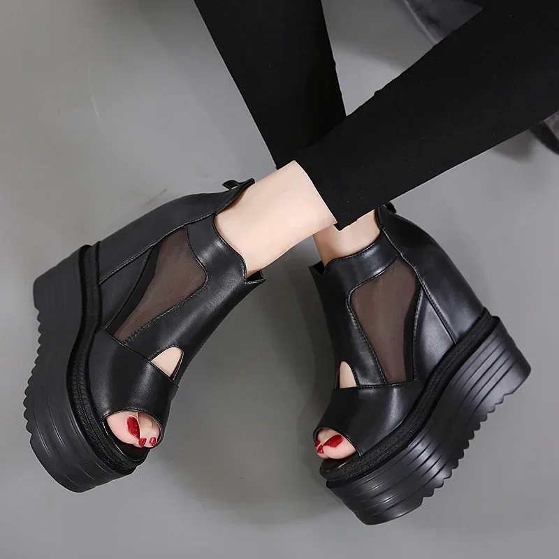 European wedges with high-heeled sandals women 12CM muffin thick-bottom mesh fish mouth new internal Cool Boots women's shoes