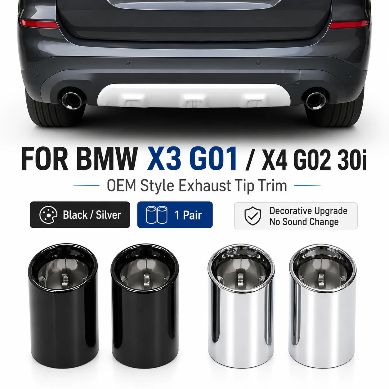 Końcówka wydechu 90mm ze stali nierdzewnej do BMW X3 G01 X4 G02 30i 2019-2022, osłona tłumika, czarno-srebrna, wygląd OEM, listwa wydechowa