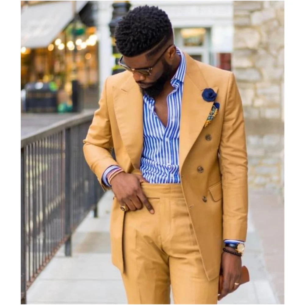 

Желтые мужские костюмы с широкими остроконечными лацканами, смокинг, одежда для жениха, свадебный костюм Homme, комплект из 2 предметов, приталенный Terno Masculino, пиджак + брюки