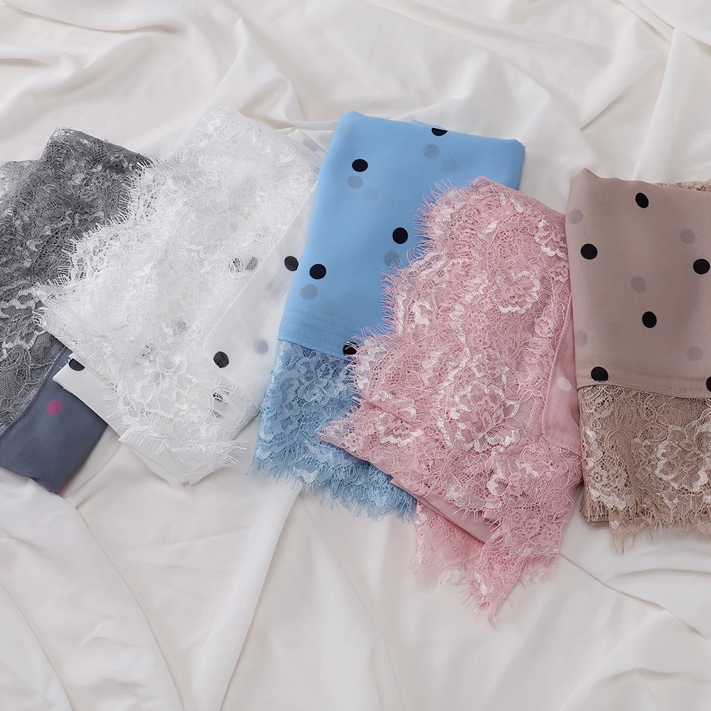 Eleganter Polka-Dot-Hijab, leichter Spitzen-Schal, Chiffon-Kopftuch, verziertes Kopftuch, klassischer Gebets-Hijab, langer Schal – Detail 8