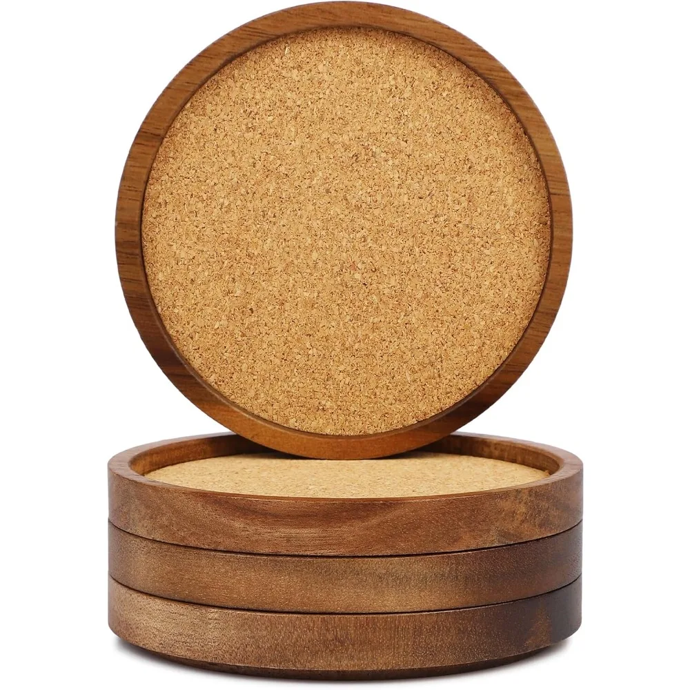 

Wooden Drink Coasters Set of 4, Stackable Cup Coaster for Table, 4.2 inch Absorbent Cork Coasters Set for Tabletop Protection