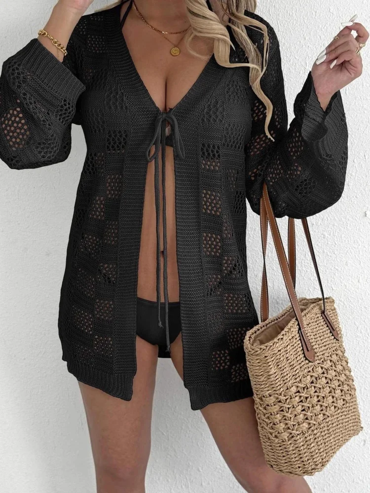 Knitted Set Long Sleeve Tie Front Crochet Cardigan Summer Beach Casual V-Neck Hollow Long Sleeve Sunscreen Bikini Beach Shirt