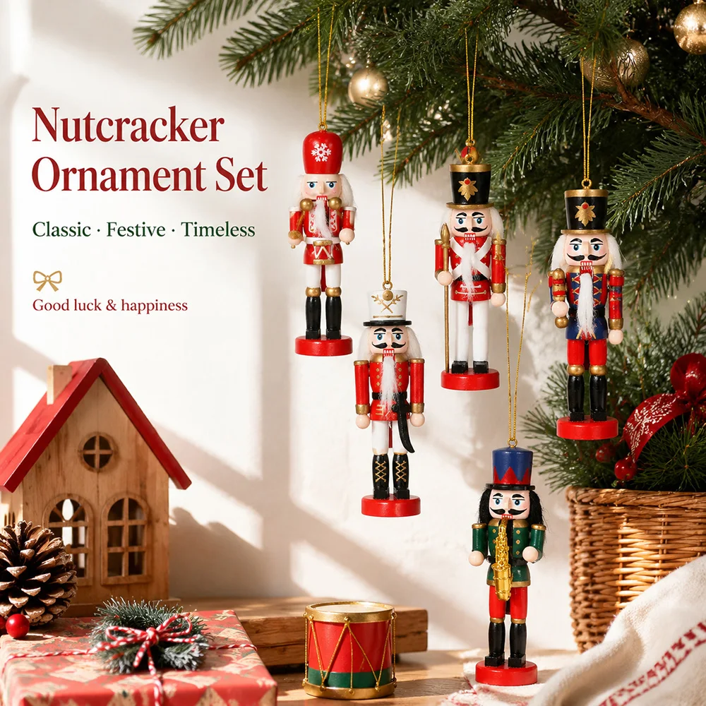 12cm 5-teiliges Holz-Nussknacker-Soldaten-Geschenkset Weihnachten DIY Baum-Anhänger Hängende Dekoration Geschenke für Zuhause Party Feiertagsdekoration – Detail 2