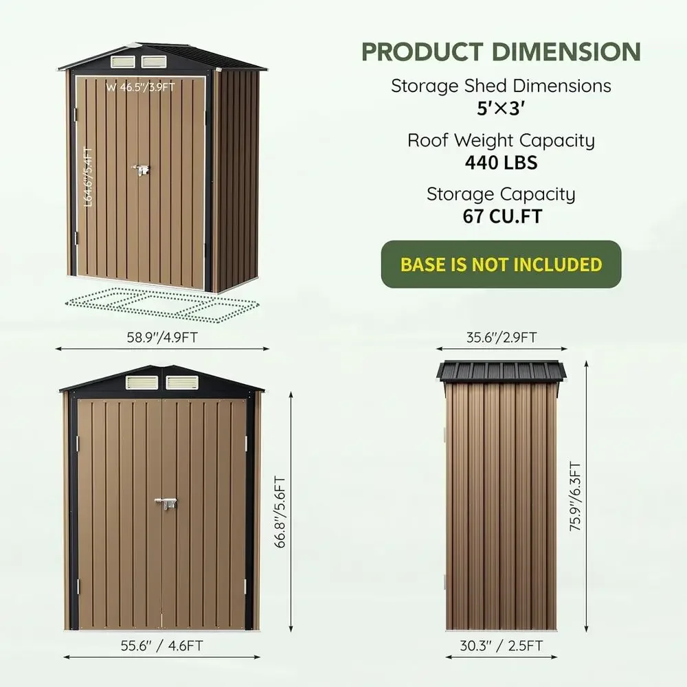 Outdoor Metal Storage Shed, 5x3, Double Doors, Clear Window, Ideal for Tools, Garden, Backyard, Brown