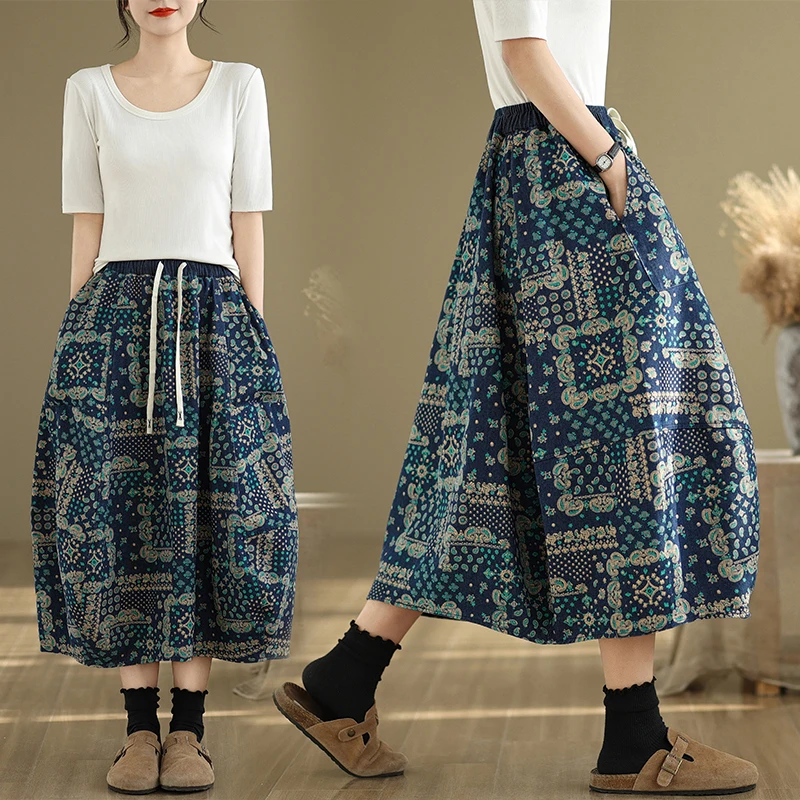 

Винтажная женская джинсовая юбка большого размера с поясом, этнический стиль, скрывающая фигуру, весна-лето, с высокой талией, длинная юбка