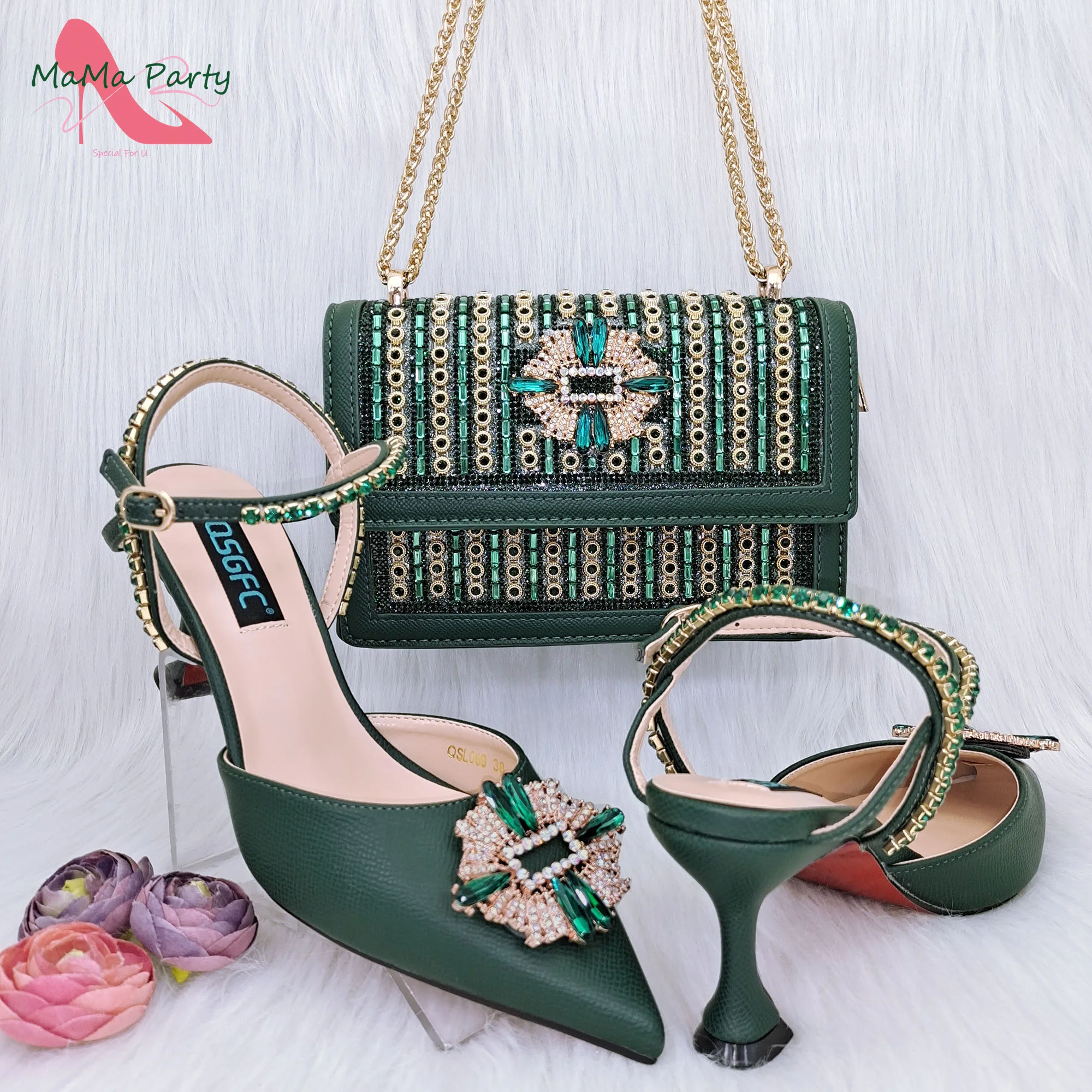 

Newest Comfortable Heels Leisure Style New Arrivals Women Shoes and Bag Set in Green Color Pumps for Wedding Party