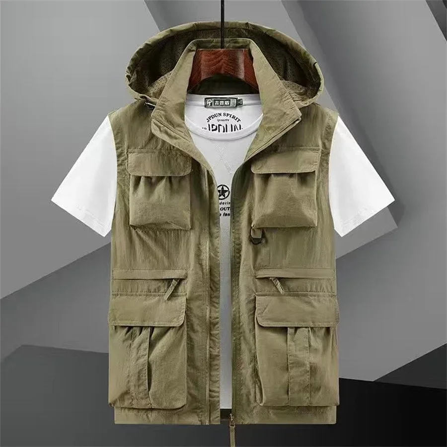 

Hooded Vest Men's Multi-Pocket Loose Workwear Sleeveless Jacket Men Hiking Fishing Reporter Cargo Tool Waistcoat Big Size