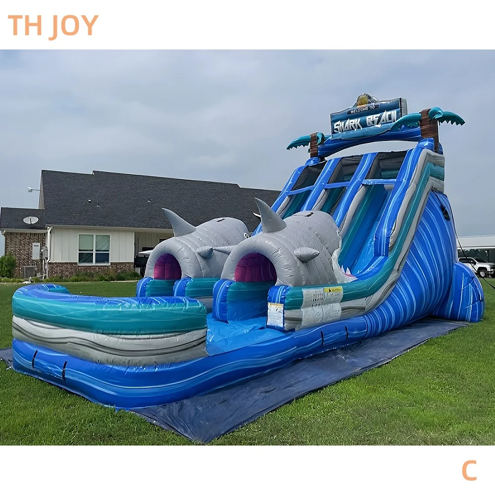 عن طريق السفينة إلى الميناء البحري، موضوع القرش الممرات المزدوجة، منزلق مائي قابل للنفخ مع حمام سباحة للإيجار التجاري