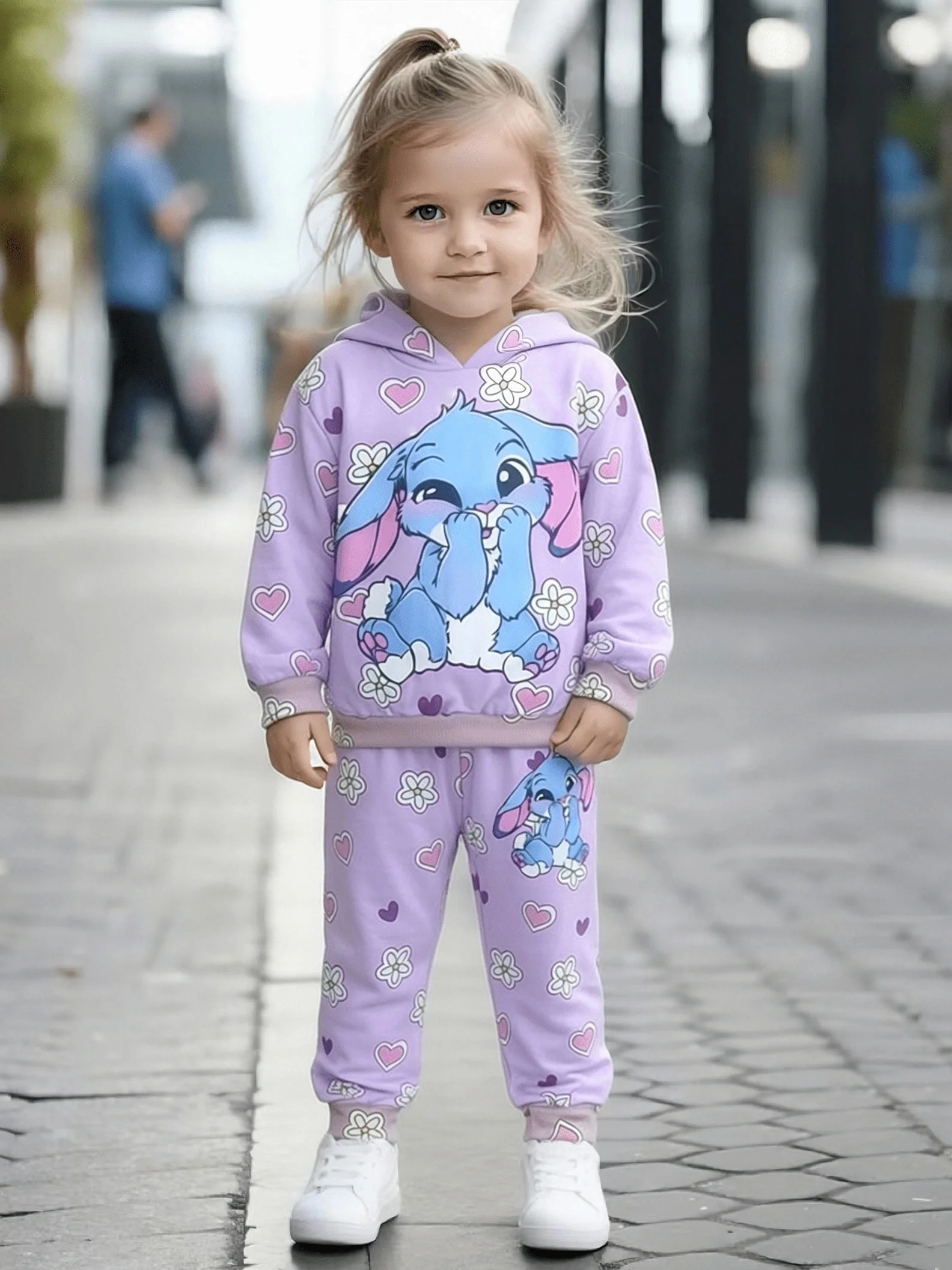 Toddler Girl Cartoon Bunny Heart Floral Hoodie Tracksuit 2Pcs Set